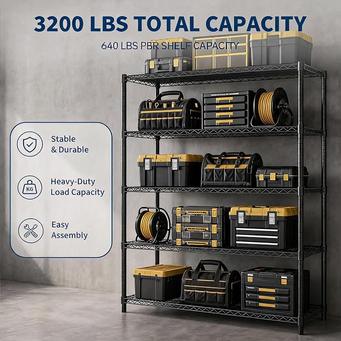 Garvee 5-Tier Wire Shelving 3200LBS Heavy Duty Storage Shelves Garage Rack | - Image 4