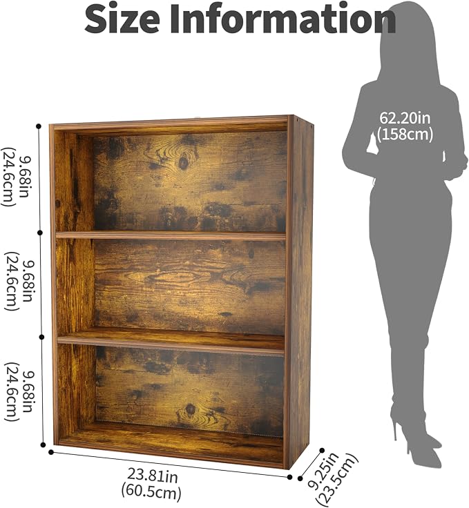 HealSmart 3 Tier Bookcase, Industrial 3 Book Shelf, 9.2" D x 23.8" W x 31.5" H - Image 3