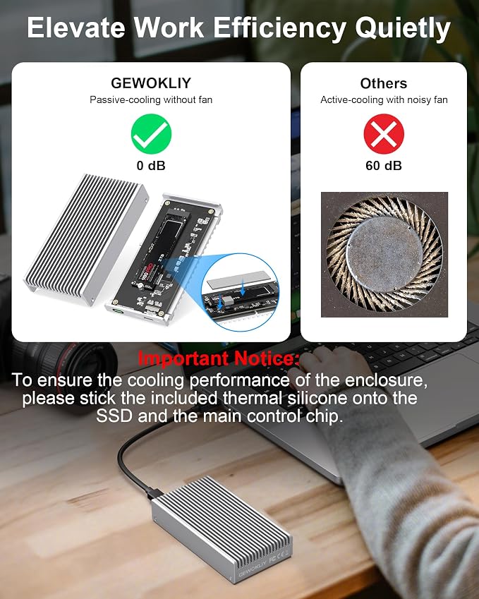 Noiseless 40Gbps M.2 NVMe Enclosure, USB C Aluminum External SSD Enclosure - Image 4