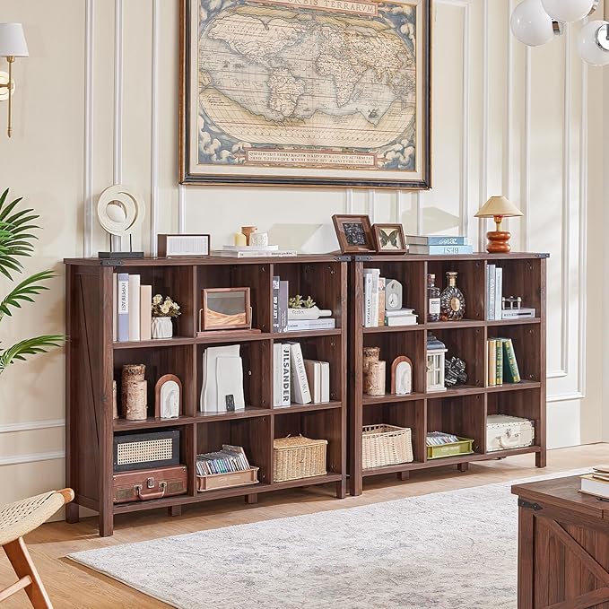 9 Cube Bookcase, Farmhouse 47 Inch Wide Brown Walnut Bookshelf, Wooden 3 Tier - Image 5
