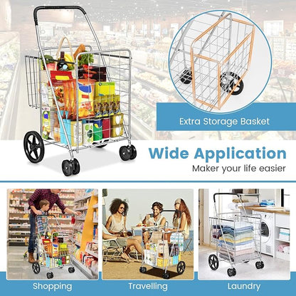 COSTWAY Folding Shopping Cart, Metal Grocery Cart - Image 6