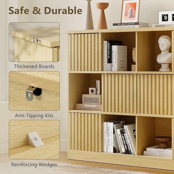 iPormis 12 Cube Bookcase with 6 Fluted Sliding Doors, 3 Tier Wooden Bookshelf - Image 8