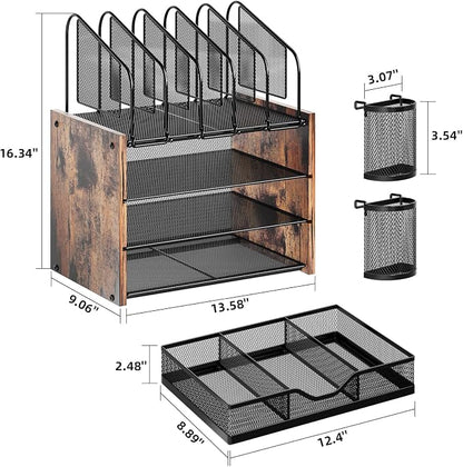 Marbrasse Desk organizer with Drawer, 4-Tier Wooden File Organizer with 5 - Image 6