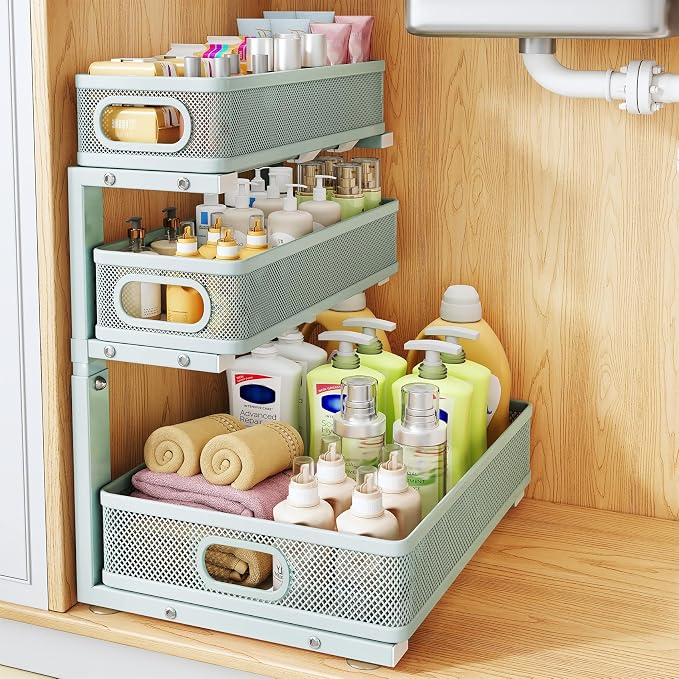 Under Sink Organizer, Height Adjustable Slide out Storage Drawer Rack by HERJOY
