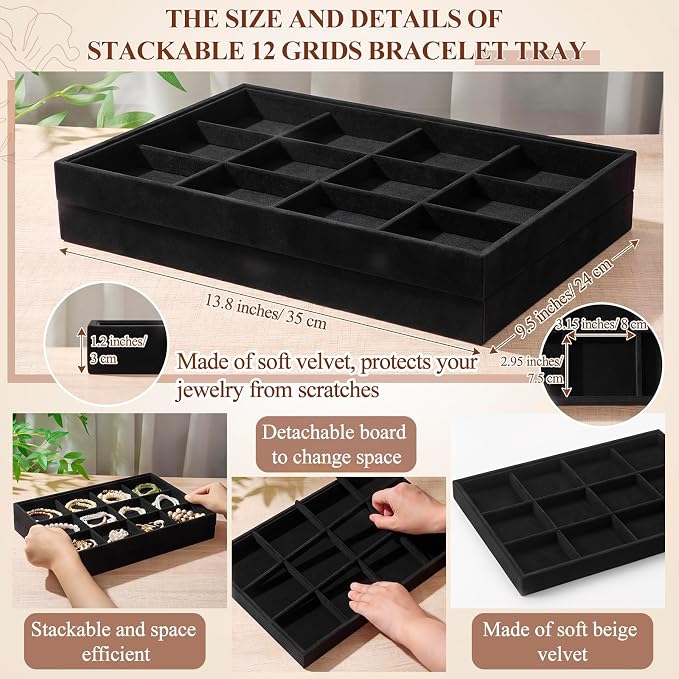 Cinnvoice 4 Pcs Stackable Jewelry Organizer Tray, 12 Grids Velvet Bracelet Ring - Image 2