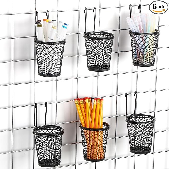 6 Sets Grid Wall Cups with Ring Hooks, hanging pencil holder Wall Mount Wire by Humyoun