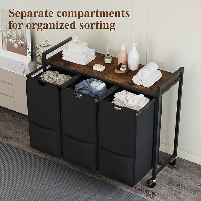 3-Section Laundry Hamper with Shelf Pull-Out Removable 12.8 gal Bags, Metal - Image 4