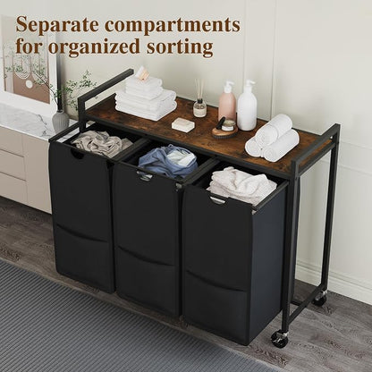 3-Section Laundry Hamper with Shelf Pull-Out Removable 12.8 gal Bags, Metal - Image 4