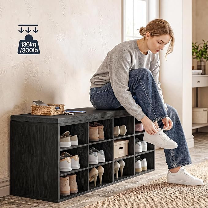 HOOBRO Shoe Storage Bench with Cushion, 39.4" L Entryway Bench with 12 Cubbies - Image 4