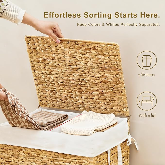 2-Section Laundry Hamper with Lid, Large Capacity Woven Natural Water Hyacinth - Image 3