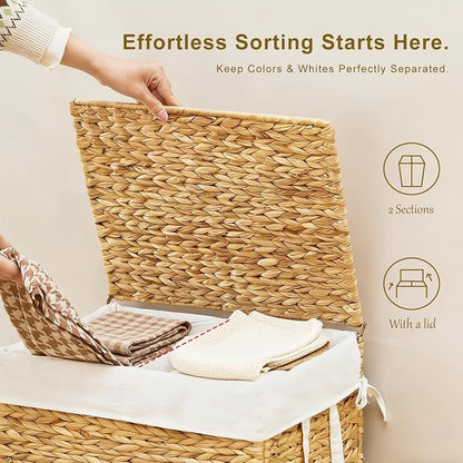 2-Section Laundry Hamper with Lid, Large Capacity Woven Natural Water Hyacinth - Image 3