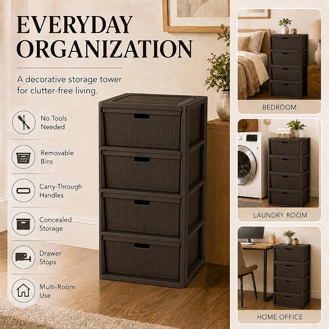 Wide 4-Drawer Plastic Storage Tower, Decorative Organizer Chest, BPA-free - Image 3