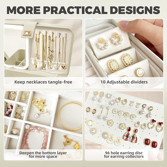 LED Jewelry Box with Mirror- Jewelry Organizer with Movable Compartment Pieces - Image 9