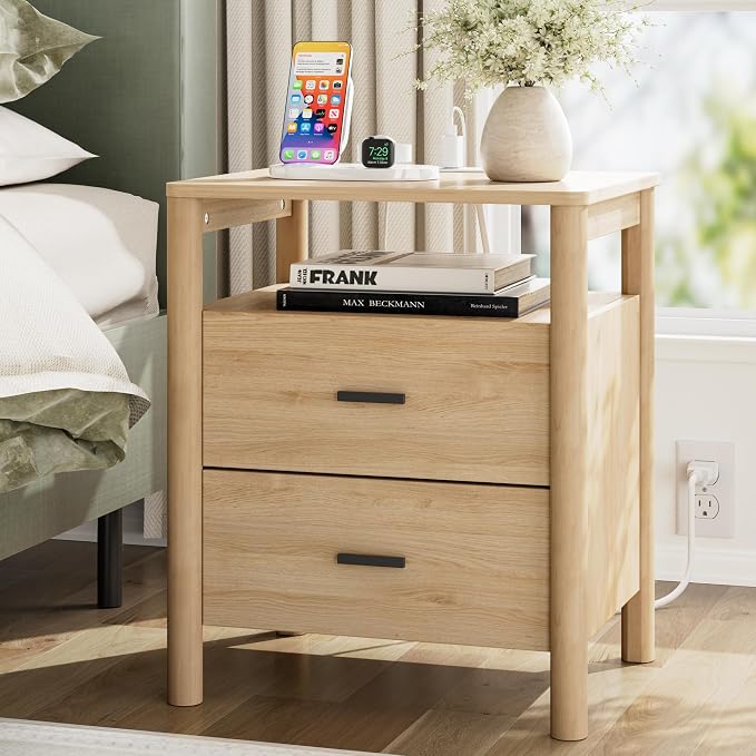 Night Stand with Charging Station, 2 Drawers End Table with Open Shelf by FavourLife