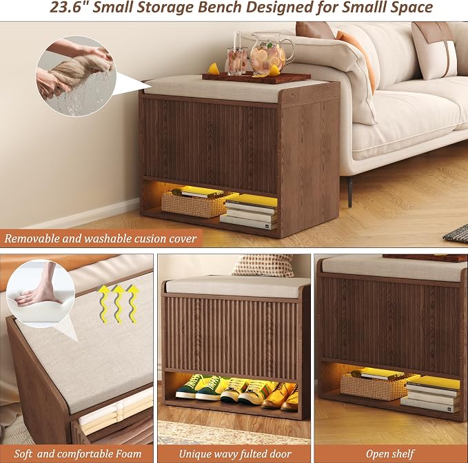HOMEFORT 23.6" Fluted Shoe Storage Bench, Small Entryway Bench - Image 5