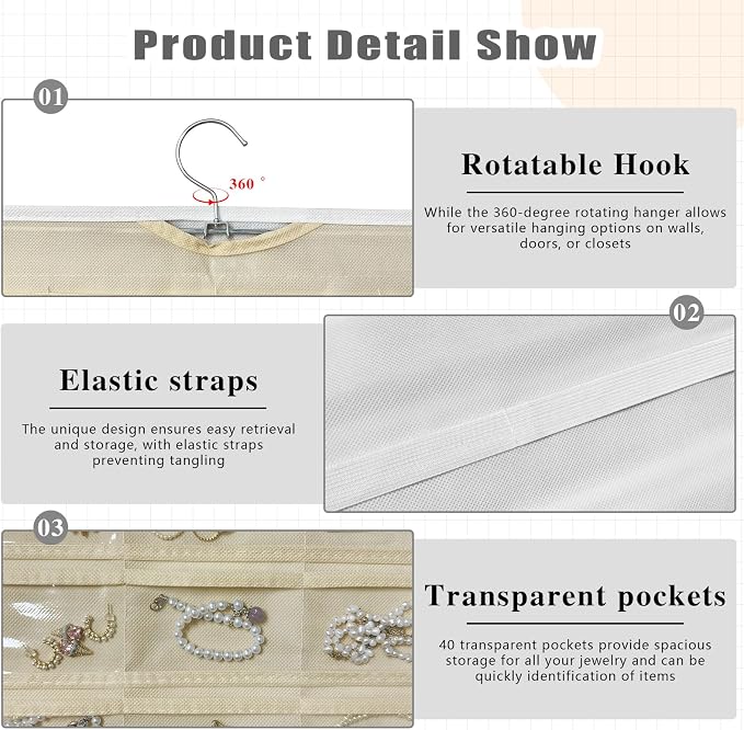 Hanging Jewelry Organizer Storage, 40 Pockets 36 Hooks Necklace Earring - Image 3