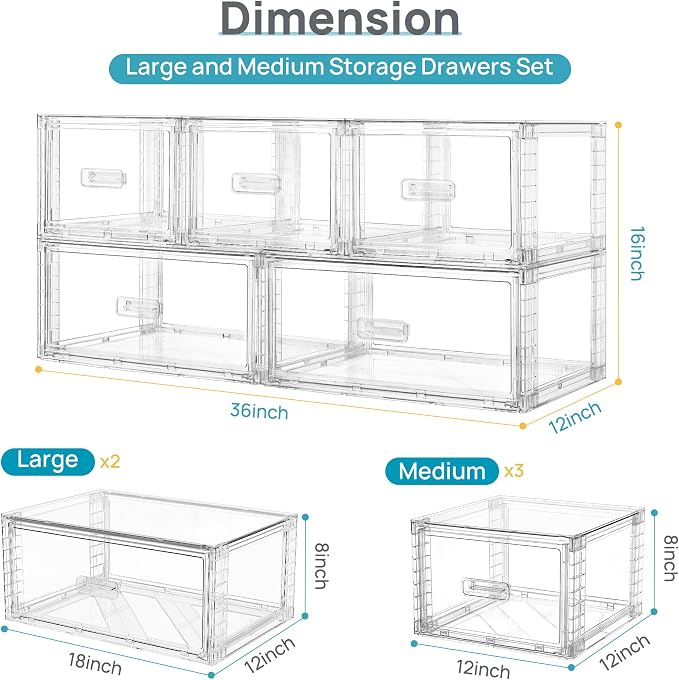 Vtopmart 5 Pack Large & Medium Stackable Drawer Organizer Set, Easy Assembly - Image 2