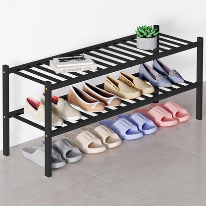Smiry Bamboo Shoe Rack for Closet, 2 Tier Long Wooden Stackable Shoe Organizer by Smiry