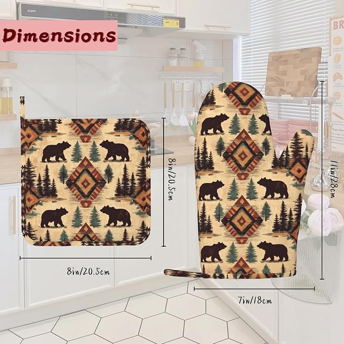 Tribal Bear Retro Geometric Silicone Oven Mitts and Pot Holders, Heat-Resistant - Image 2