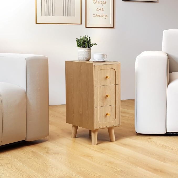 Narrow Nightstands with 3 Drawers, Wooden Farmhouse Bedside Tables, Slim End - Image 9