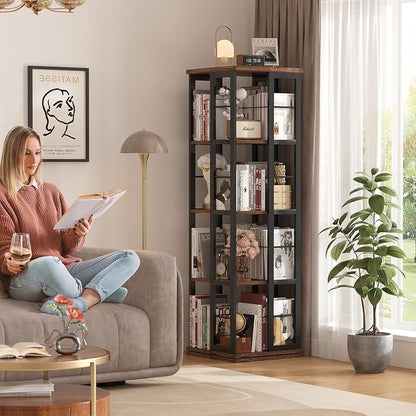 Aheaplus Rotating Bookshelf, Corner Bookshelf, 360 Display Wood Spinning - Image 2