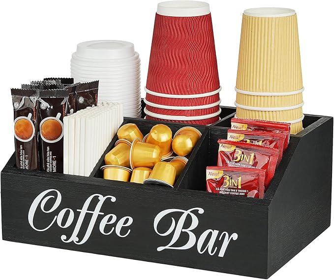 Coffee Bar Accessories Organizer 5 Compartment Wood Countertop Storage | by Samhe