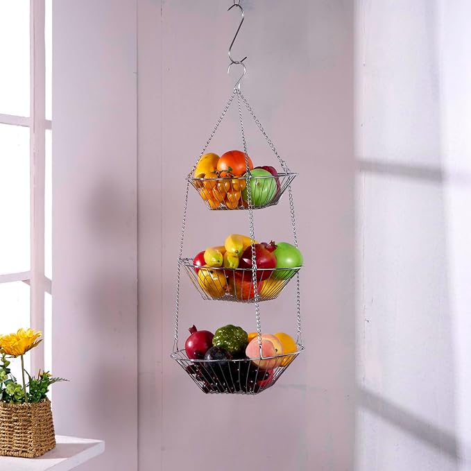 JUNCHU CHERRY 3-Tier Wire Fruit Hanging Basket 2 Packs, non-Punching Wall - Image 9