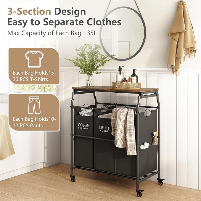Hoctieon 3 Section Laundry Sorter Cart - Image 3