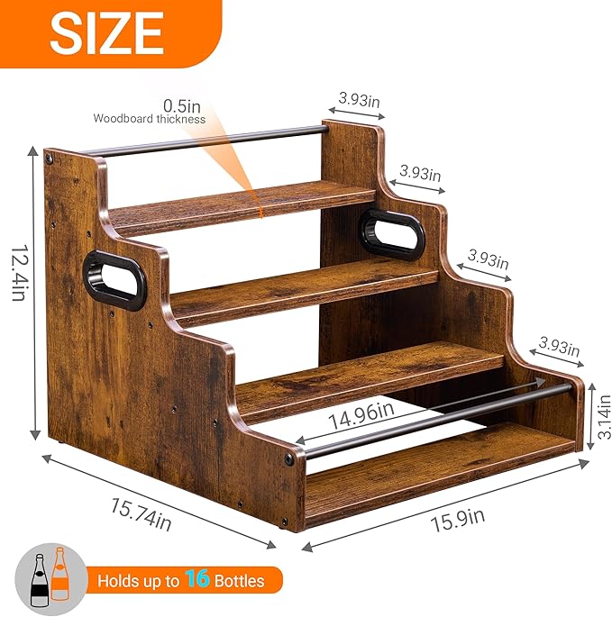 2 Pack 4-Tier Liquor Bottle Display Shelf, 16-Inch Wooden Bar Shelves - Image 3