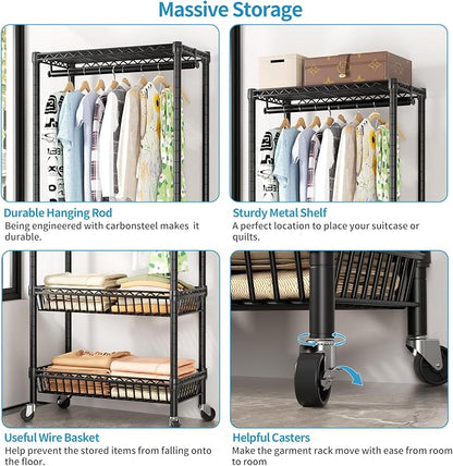 Heavy Duty Clothes Rack Rolling Garment Rack, Adjustable Wire Shelving Clothing - Image 6