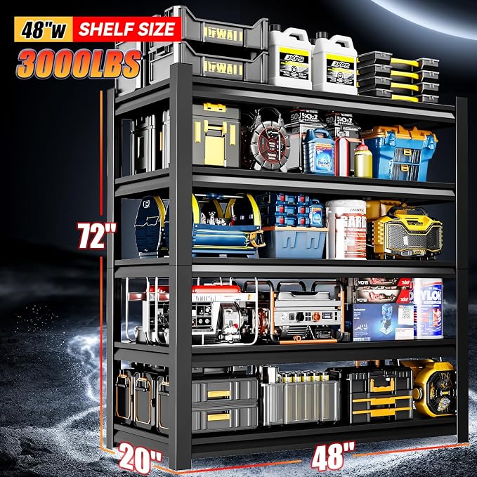 48" W Garage Shelving, 5-Tier Heavy Duty Shelving Unit, 3000LBS Adjustable - Image 3