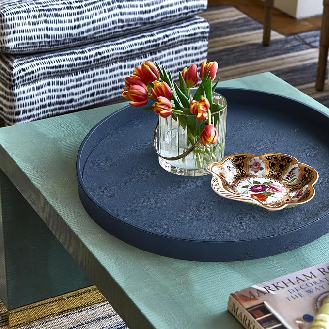 HofferRuffer Large Round Serving Tray 24'', Elegant Faux Leather Circle Ottoman - Image 6
