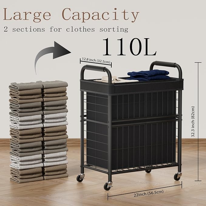 Laundry Hamper 2 Section, 110L Rolling Laundry Sorter Basket - Image 3