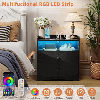 Nightstand with Charging Station and LED Light, Modern Nightstand with USB - Image 3
