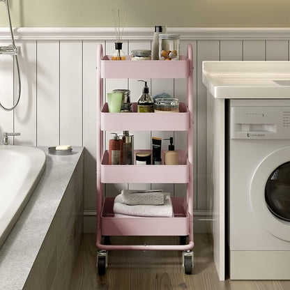 4 Tier Metal Rolling Cart Pink Utility Cart - Image 6