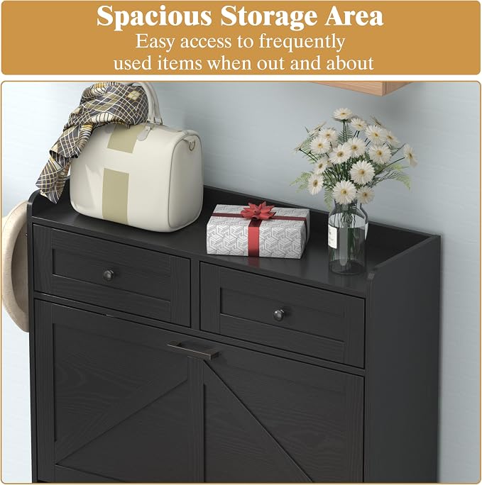 Thacuok Shoe Cabinet with 3 Flip Drawers & 2 Storage Drawers, Rustic Farmhouse - Image 4