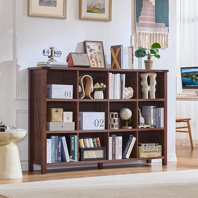 Joaxswe 12 Cube Storage Organizer, Farmhouse 62 Inch Wide Brown Walnut Display - Image 6