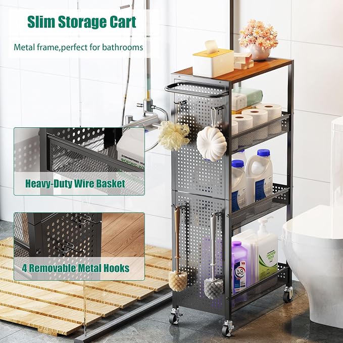 4-Tier Slim Storage Cart with Wheels, Small Mobile Organizer Shelf with Wooden - Image 6