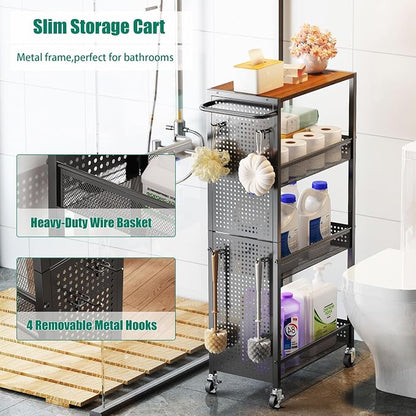 4-Tier Slim Storage Cart with Wheels, Small Mobile Organizer Shelf with Wooden - Image 6