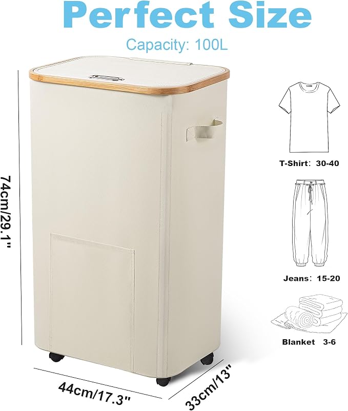 Vincona Laundry Basket with Wheels, Tall Dirty Clothes Hamper on Wheels - Image 2