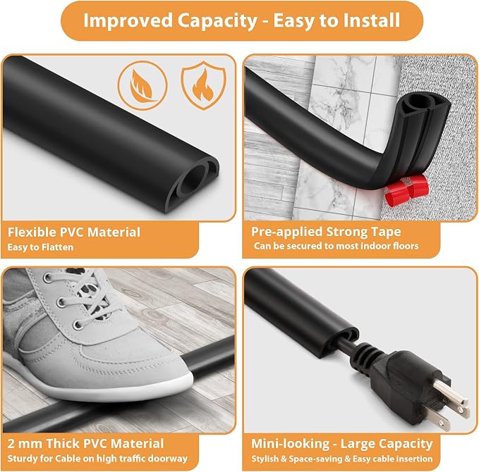 5ft Cord Cover Floor for Extension Cords, Floor Cable Cover, Self-adhesive Wire - Image 5