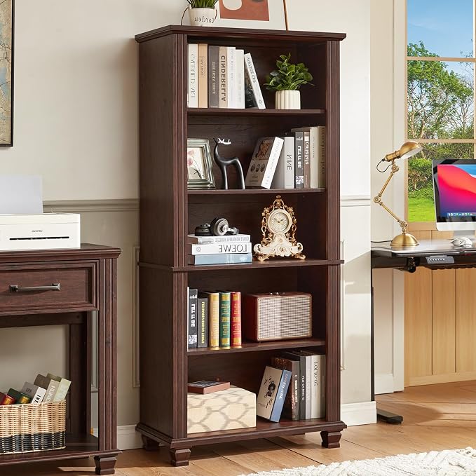 70" Tall Walnut Bookshelf, 5 Tier Wooden Book Shelf - Image 6