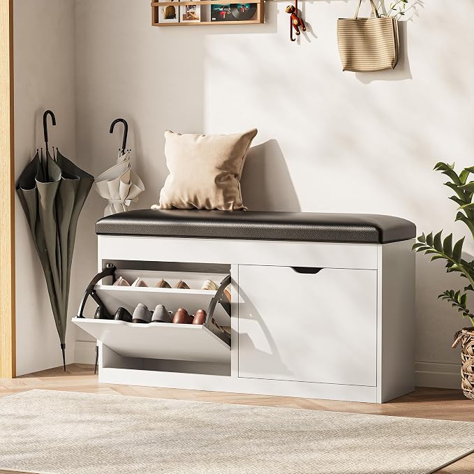 40" Shoe Storage Bench with 2 Flip Drawers & Padded Seat Cushion, Shoe Cabinet by Astimey