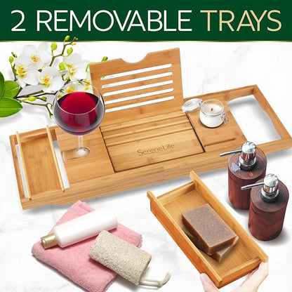 SereneLife Bath Caddy Breakfast Tray Combo, Natural Bamboo Wood Waterproof - Image 8