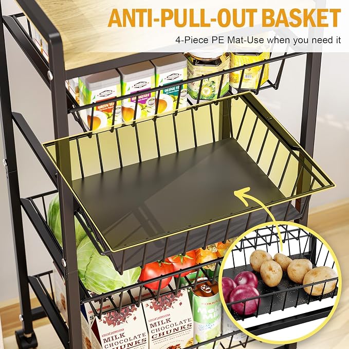 TOOLF 5 Tier Kitchen Storage Cart, Metal Utility Rolling Snack Cart | Wooden - Image 7