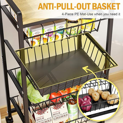 TOOLF 5 Tier Kitchen Storage Cart, Metal Utility Rolling Snack Cart | Wooden - Image 7