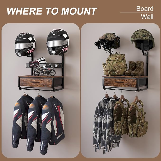 EasyPAG Motorcycle Helmet Holder Wall Mount, 2 Helmet Holder | Drawer and Mesh - Image 6