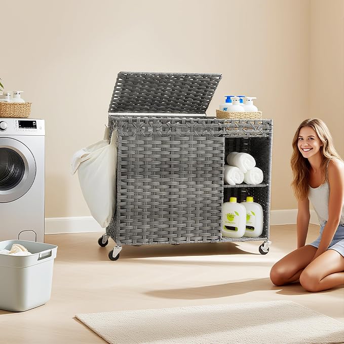 Laundry Hamper with Lid, 160L Rattan Wicker Laundry Basket with Wheels - Image 6