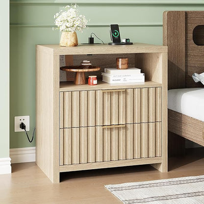 VINGLI Fluted Nightstand with Charging Station, 23.6" W Mid Century Modern - Image 7