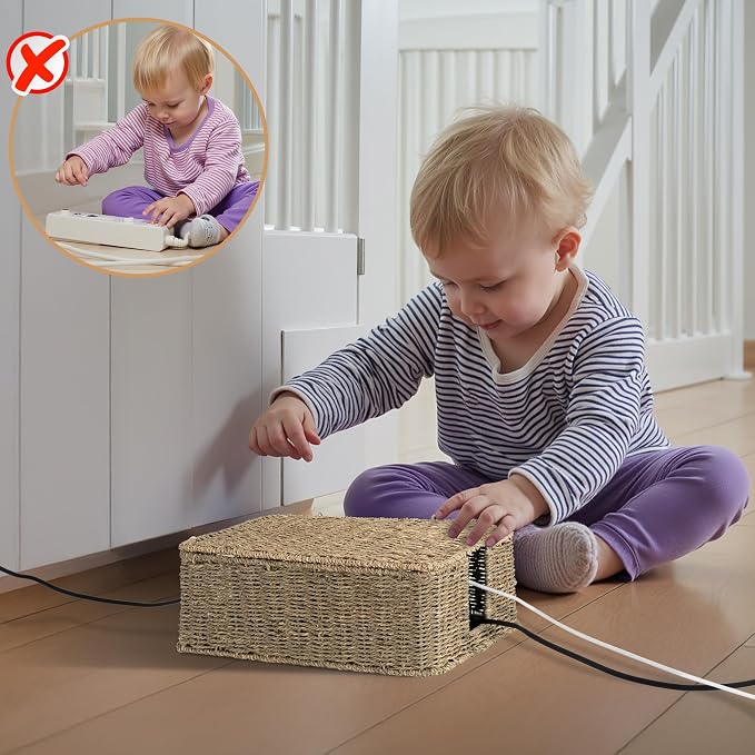 StorageWorks Cable Management Box, 2 Slots Wicker Cable Organizer to Hide Cords - Image 8
